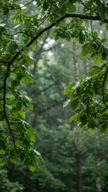 A vibrant rain wallpaper showcasing fresh green leaves on tree branches with visible raindrops, set against a blurred forest backdrop. This natural scene captures a peaceful rainy day