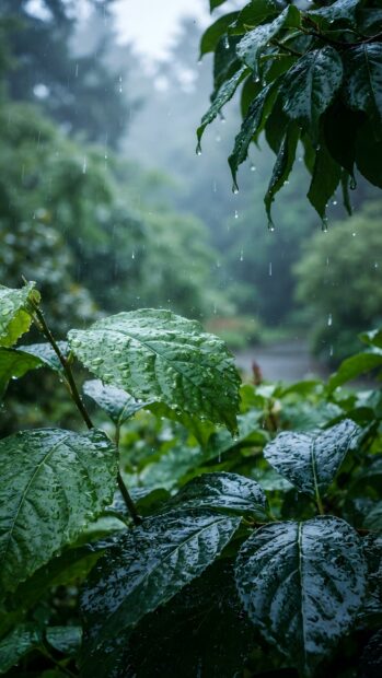 A beautiful Rain Wallpaper featuring a close-up of lush green leaves covered in fresh raindrops, with a soft focus forest in the background