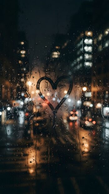This romantic rain wallpaper features a heart drawn on a wet window pane, with soft, blurred city lights (bokeh) visible in the background at night. It evokes a cozy, rainy evening
