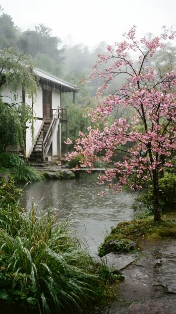 A serene rain wallpaper featuring a traditional Japanese house by a pond, with a beautiful cherry blossom tree in full bloom. The misty rain adds a tranquil atmosphere to the lush green landscape