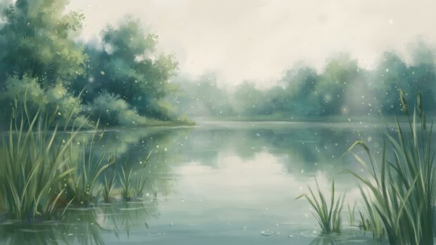 This serene rain wallpaper features a misty lake surrounded by lush green trees, with gentle raindrops creating a tranquil scene. The soft light reflects beautifully on the water's surface