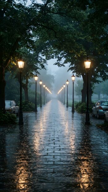 A beautiful Rain Wallpaper featuring a long, misty path lined with old-fashioned streetlights and tall trees, wet from a recent rain. The glowing lights reflect on the cobblestone path, creating a serene atmosphere