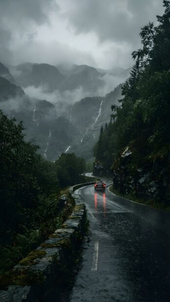 This dramatic rain wallpaper showcases a winding mountain road with a single car driving through heavy rain and mist. Numerous waterfalls cascade down the majestic, fog-covered mountains in the background
