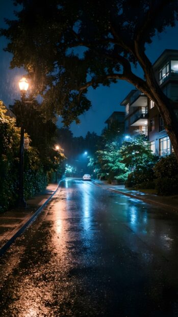 This stunning rain wallpaper captures a dark street at night with a single car, illuminated by streetlights reflecting on the wet asphalt. Trees and buildings create a cozy urban rain scene