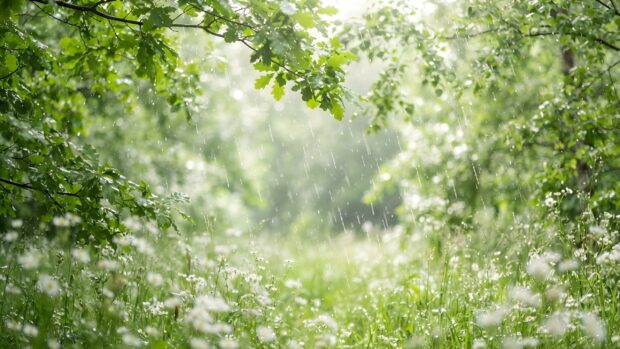 A beautiful rain wallpaper featuring a sunlit forest scene with bright green leaves and white wildflowers. Heavy raindrops are visible, sparkling as sunlight filters through the canopy