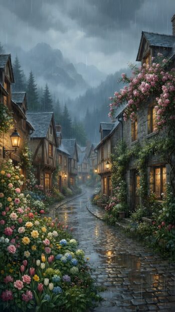 An enchanting rain wallpaper depicting a cobblestone village street adorned with vibrant flowers and old houses under a rainy sky. Mountains are visible in the misty background