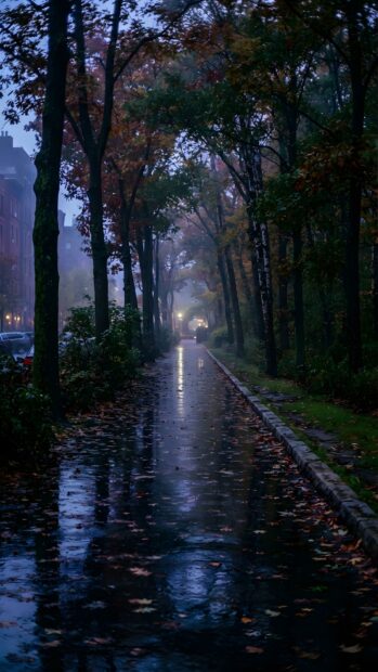 This atmospheric rain wallpaper features a wet street lined with autumn trees and fallen leaves, reflecting distant city lights. It captures a moody, rainy evening scene perfect for mobile