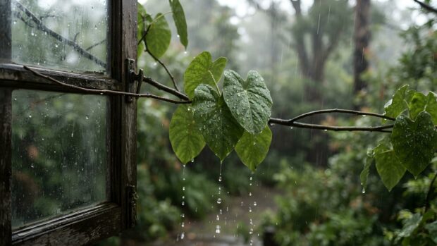 This serene rain wallpaper captures a close-up of green leaves covered in raindrops, viewed from an old wooden window frame. Water drips from the leaves against a blurred forest background