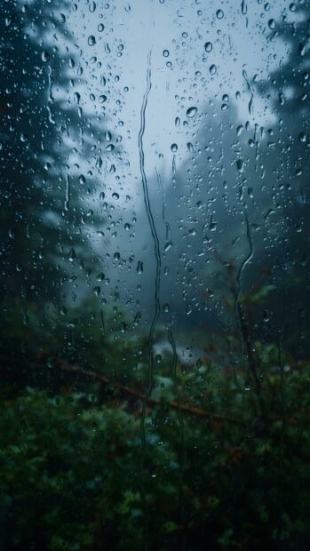 A captivating Rain Wallpaper featuring raindrops clinging to a window pane, looking out onto a dark and blurry forest, creating a moody atmosphere