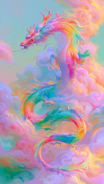 Colorful rainbow pastel dragon wallpaper soaring gracefully through fluffy, vibrant clouds