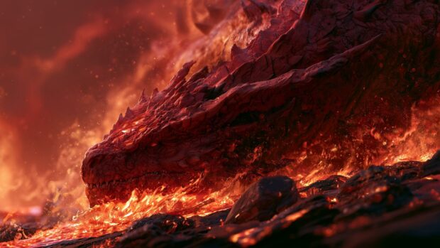 A close-up of a fearsome red dragon wallpaper with glowing eyes, surrounded by molten lava and intense fire