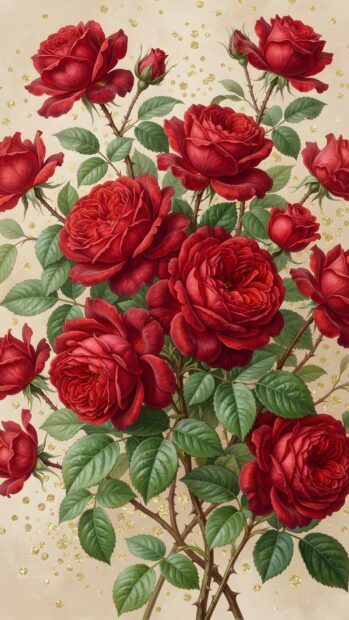 This vibrant Roses Wallpaper showcases a rich illustration of deep red roses with green leaves and thorny stems, set against a shimmering golden background. It's a bold and beautiful choice for any mobile device
