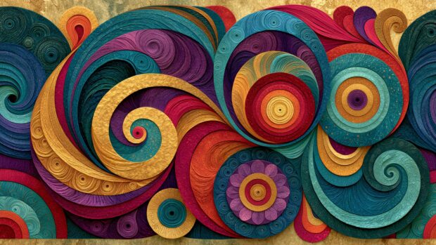 A vibrant retro wallpaper displaying an intricate abstract pattern with colorful swirling shapes and textured circles
