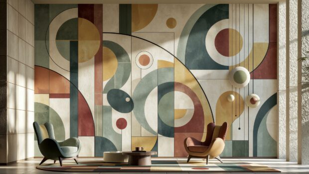 A retro wallpaper depicting a room interior with a large mural of abstract geometric shapes in muted colors on the wall