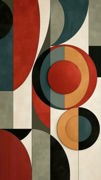 A bold retro wallpaper showcasing an abstract geometric pattern with circles, half-circles, and rectangles in red, teal, and orange