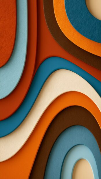 Retro wallpaper featuring abstract wavy layers in vibrant orange, brown, and blue tones