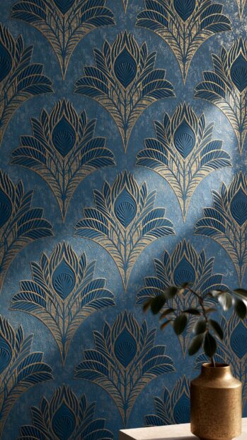 An elegant retro wallpaper featuring a repeated Art Deco pattern of golden peacock feathers on a textured blue background