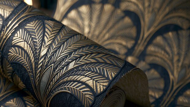 Retro wallpaper showing a roll of dark blue and gold art deco feather pattern wallpaper