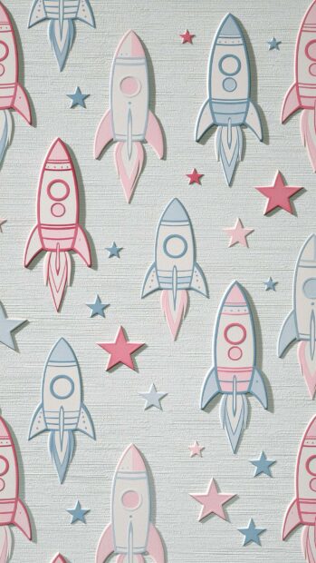 Retro wallpaper featuring a playful pattern of cartoon rockets and stars in pastel pink and blue