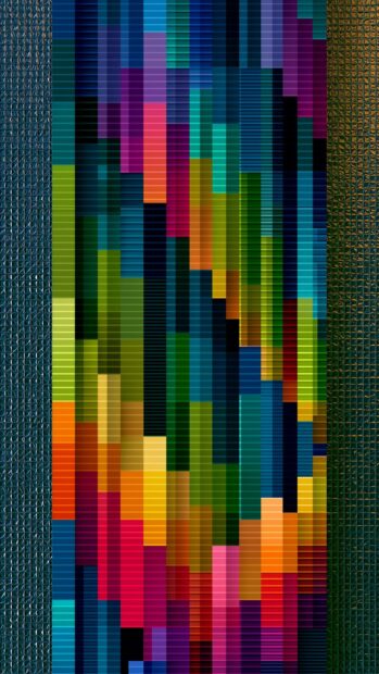 A retro wallpaper with a vibrant abstract pattern of colorful vertical blocks and textured dark borders