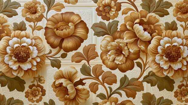 An elegant retro wallpaper showcasing an embossed floral pattern with detailed brown and cream flowers