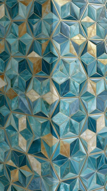Retro wallpaper showcasing a striking geometric pattern of blue, teal, and gold triangles