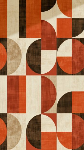A stylish retro wallpaper displaying a geometric pattern of orange, brown, and beige rectangles and semicircles