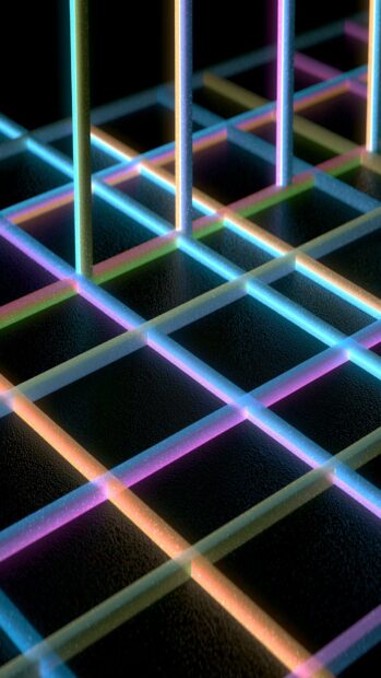 A vibrant retro wallpaper featuring glowing neon grid lines in blue, pink, and yellow on a dark background