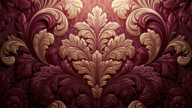 A luxurious retro wallpaper featuring an ornate damask pattern in rich maroon and shimmering gold colors