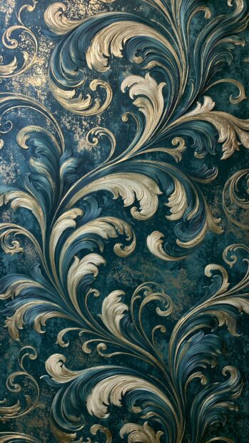 Retro wallpaper with an ornate gold and teal floral scroll pattern on a distressed background