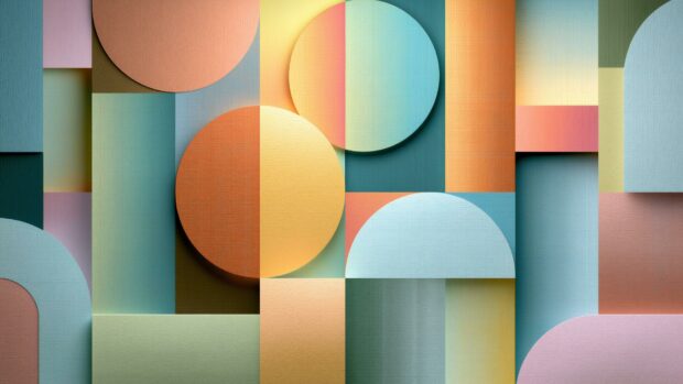 A retro wallpaper featuring a 3D abstract composition of pastel geometric shapes like circles, rectangles, and half-circles