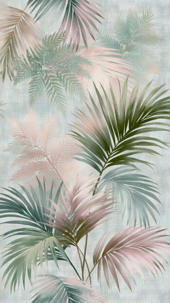 A retro wallpaper depicting soft pastel tropical palm and fern leaves on a textured light background