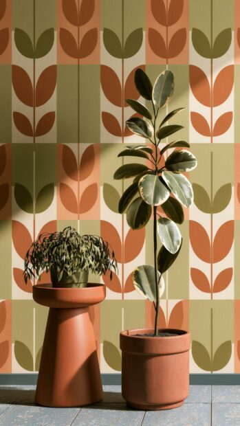 A retro wallpaper showing a room with two green plants in terracotta pots against a patterned wall with orange and green leaf shapes