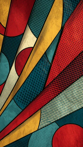 Retro wallpaper with an abstract pop art comic-style geometric pattern in vibrant red, blue, yellow, and white