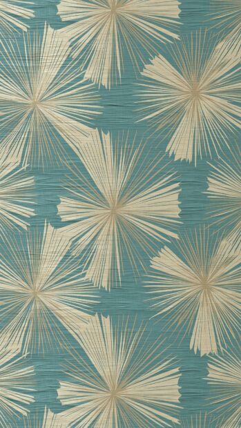 A retro wallpaper featuring a repeating pattern of white and beige palm fronds on a textured teal background