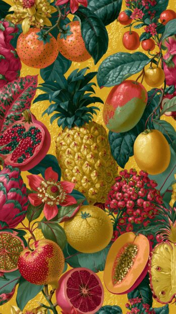 A retro wallpaper featuring a vibrant and detailed pattern of various tropical fruits and leaves on a golden background