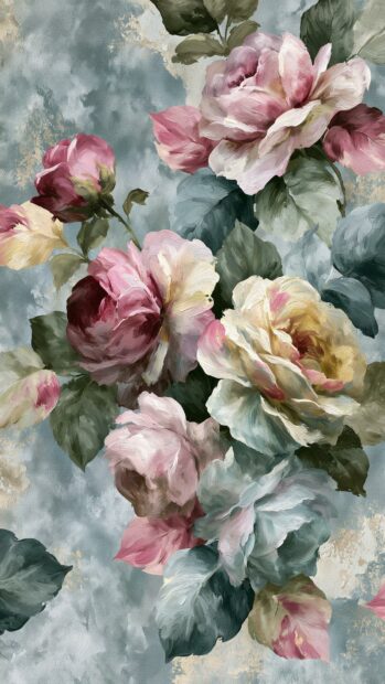 A charming retro wallpaper featuring painted vintage roses in shades of pink, cream, and green on a dusty blue background