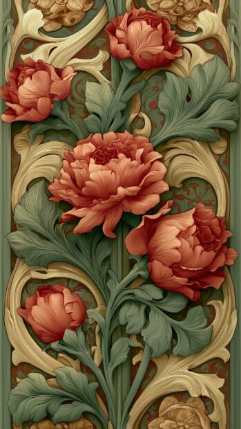 A decorative art nouveau rose wallpaper with red flowers and green leaves in a relief pattern