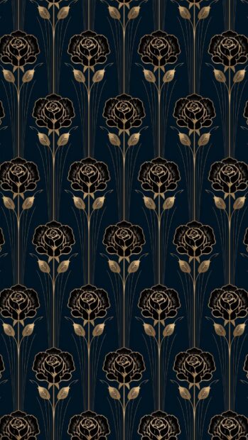 A sophisticated rose wallpaper displaying a seamless black and gold Art Deco pattern on a dark blue background