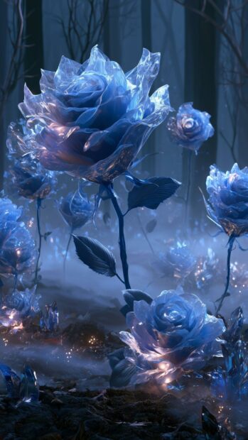Rose wallpaper depicting glowing blue crystal roses in a magical fantasy forest setting