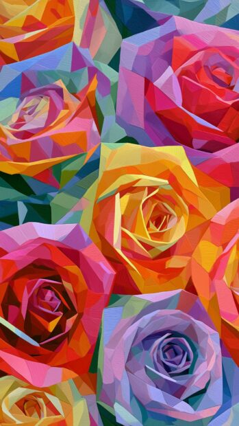 This rose wallpaper features a vibrant abstract geometric design with multicolored polygonal roses