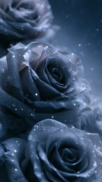 A mystical rose wallpaper showcasing dark blue roses with sparkling magical effects and a dreamy aesthetic