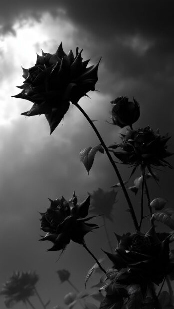 Dark gothic rose wallpaper in black and white against a dramatic cloudy sky