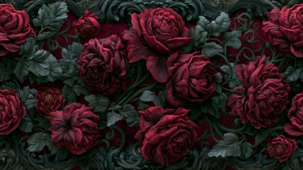 A dramatic rose wallpaper featuring dark red stylized roses and deep green leaves in an intricate floral pattern