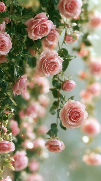 Delicate pink rose wallpaper with glistening water droplets and a soft bokeh background