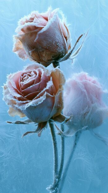 A unique Rose Wallpaper featuring three frosted pink roses covered in delicate ice crystals against a light blue icy background