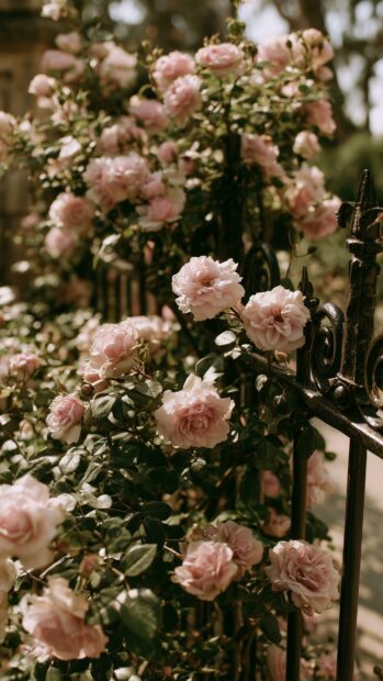 A beautiful rose wallpaper featuring light pink roses blooming on a bush next to a dark metal fence