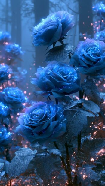 Magical blue rose wallpaper with sparkling effects in a mystical forest setting