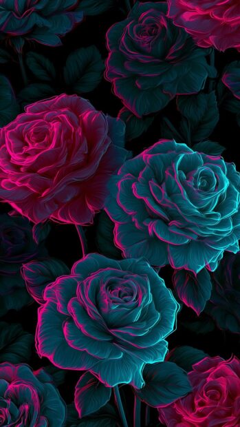 Rose wallpaper featuring vibrant neon pink and blue roses on a dark background