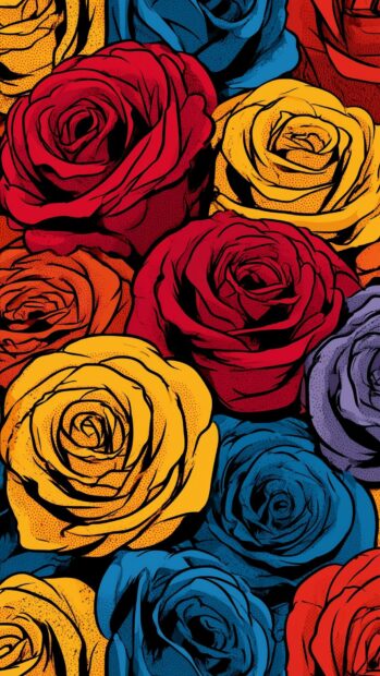 Rose wallpaper featuring pop art style roses in a vibrant mix of red, yellow, blue, and purple colors